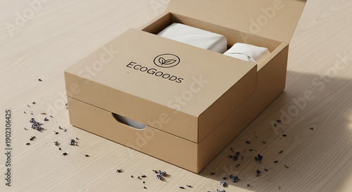 Cardboard box with packaging materials on wooden surface with scattered debris from Whisk product