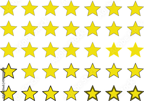 Yellow star icon set with various outlines and styles for rating ranking achievement and reward graphic design elements.