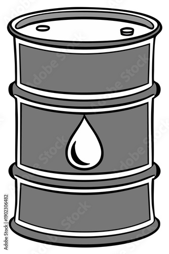 Grayscale cartoon illustration of an oil barrel with a droplet symbol