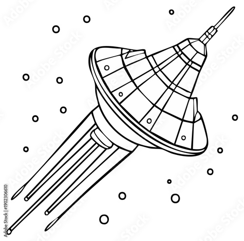 Retro Spacecraft Flying Through the Stars Black and White Line Art Illustration