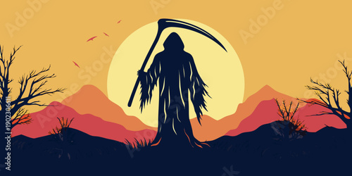 Grim reaper silhouette stands against a vibrant sunset with mountains