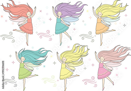 Whimsical fairy girl collection with long flowing hair and magic wings for children fantasy storybook and nursery wall art design.
