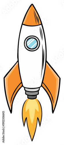 Cartoon Rocket Ship with Flame, Launching for Space Exploration