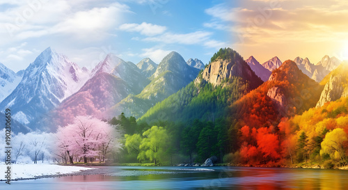 A serene landscape featuring mountains, trees, and a lake at sunrise with vibrant foliage and a panoramic viewpoint Whisk_f689140e533a0378105461b986ee330ddr