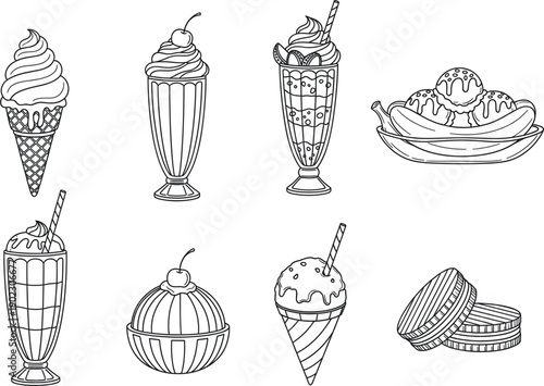 Dessert and ice cream line art icon collection featuring sundae milkshakes banana split and soft serve cones for coloring books.