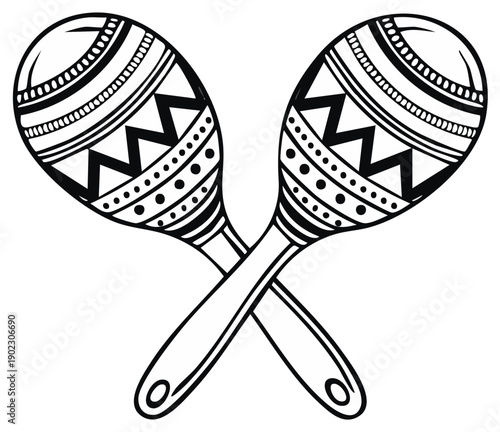 A pair of crossed maracas with decorative patterns in a black and white line art illustration