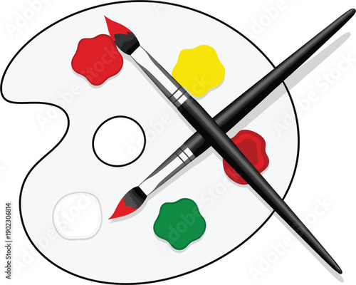 Professional artist wooden palette with colorful paint spots and crossed paintbrushes for creative fine art painting and design.