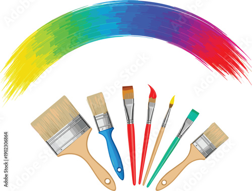 Colorful rainbow paint stroke with professional artist brushes set for creative art design projects and education isolated on white background.