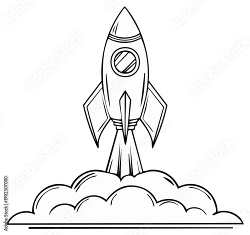 Retro rocket ship blasting off emitting smoke and flames creating a vintage space exploration graphic