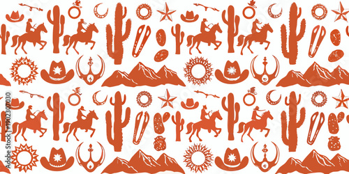 Rustic western pattern featuring horses cacti and native american motifs
