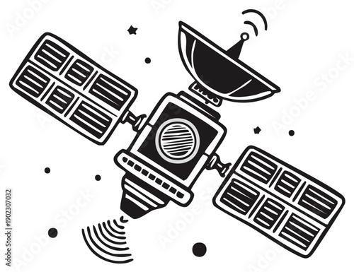 Stylized Satellite Orbiting Space with Solar Panels and Antenna in Black and White