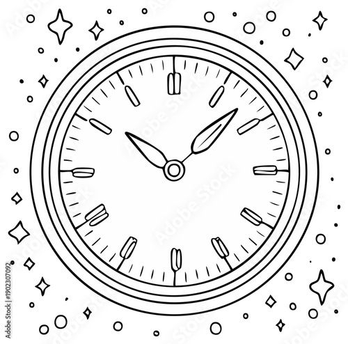 Clock Outline with Starry Sparkles Tick Tock Time Design Watch Vector Illustration