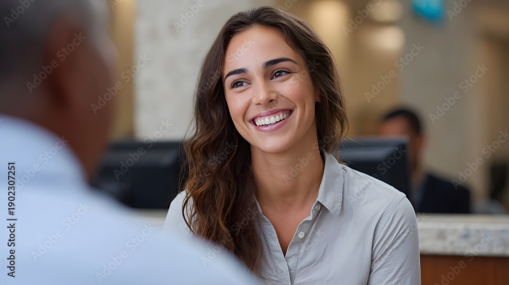Obraz premium A friendly and welcoming woman with a bright smile engages in a professional conversation suggesting a positive customer service interaction