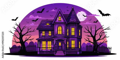 A spooky purple haunted house illustration with bats and a full moon