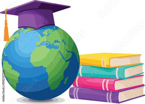Global education concept with earth globe wearing graduation mortarboard hat and stack of colorful books for international academic learning.
