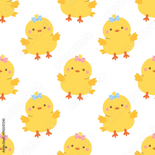 Seamless pattern with cute yellow chicks with pink and blue bows isolated on white background.