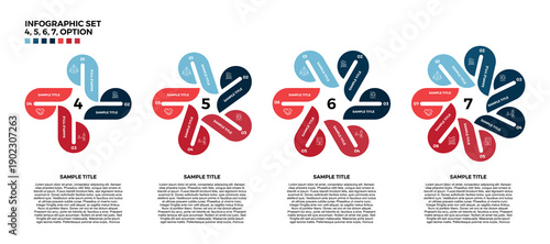 Infographic set 4, 5, 6, 7 Circular vector options for business presentations. Infographics with icons. Editable vector eps.