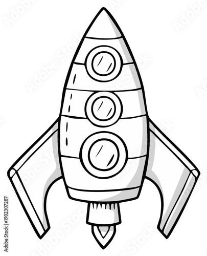 Cartoon rocket ship with portholes and wings in black and white
