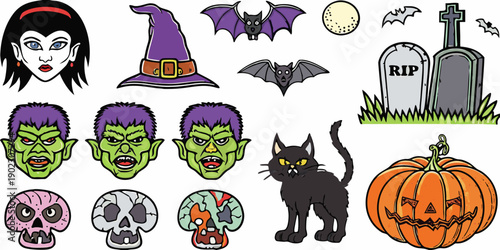 A collection of colorful halloween characters and spooky elements