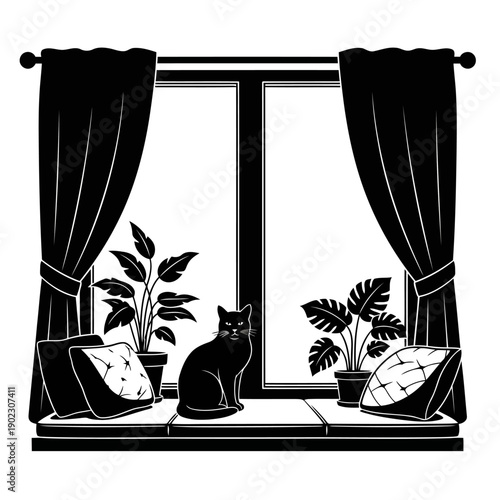 A black cat sits on a windowsill surrounded by plants and curtains