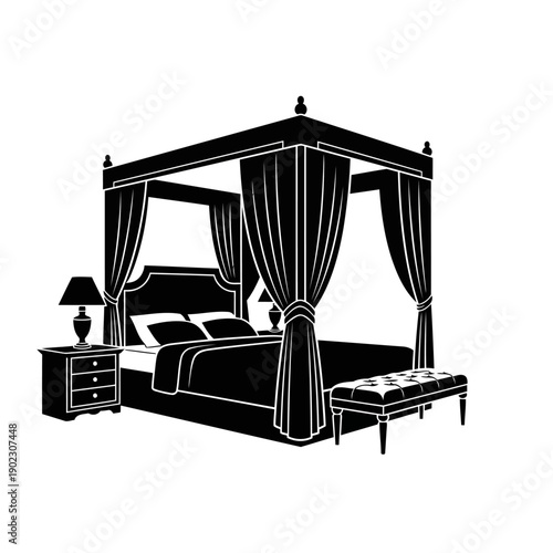 A luxurious black and white illustration of a four-poster bed with nightstand