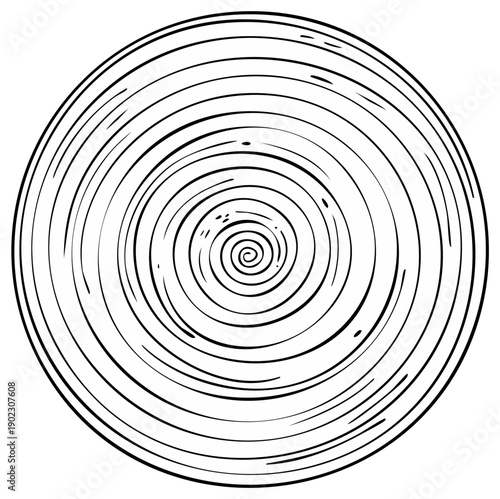 Hand Drawn Concentric Circle Pattern with Spiral in Center, Black and White Design