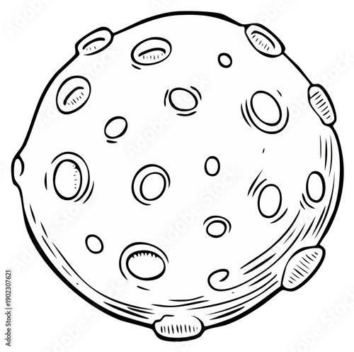 Illustrated depiction of a planet or asteroid, with craters, markings, and surface details.