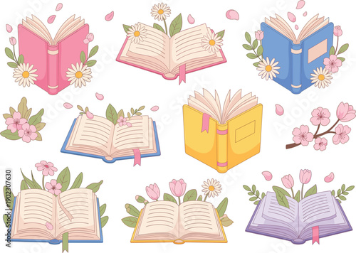 Flat Vector Set Of Open Books With Beautiful Spring Flowers And Delicate Petals For Reading Literature And Education Concept