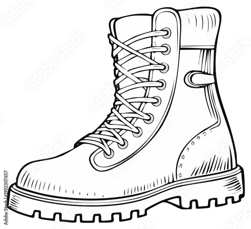 Sketch of a High Top Lace Up Boot with Lug Sole and Buckle Detail, Isolated on White, Rough Edges, Stitched Details