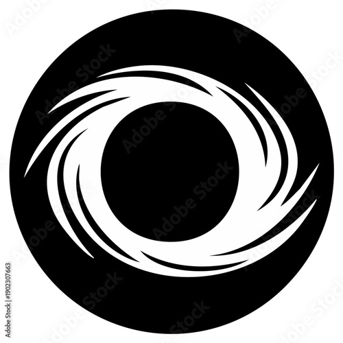 Black circle with swirling white abstract design resembling eye or vortex
