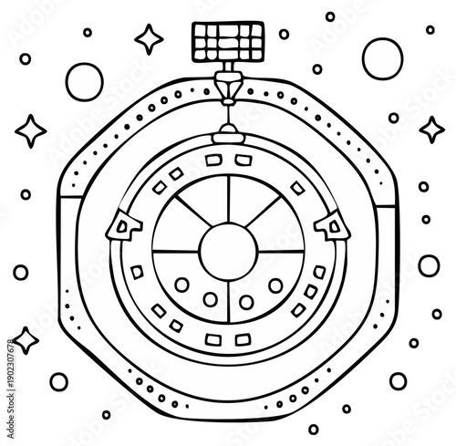 Cosmic Vessel Coloring Page with Spaceship Stars and Solar Panel
