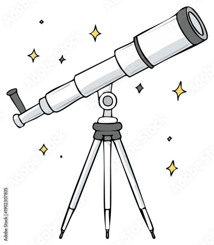 Illustration of a white cartoon telescope on a tripod with stars, galaxy observation.