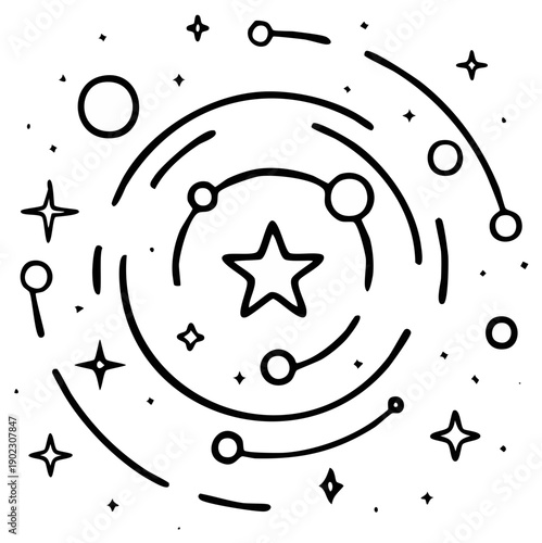 Abstract cosmic swirl with star and orbiting planets illustration graphic design