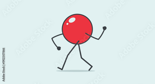 Energetic Red Circle Character Walking and Moving with Dynamic Pose on a Light Blue Background