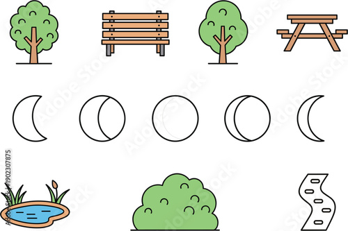 Flat Vector Illustration Set Of Park Icons Including Trees Wooden Bench Picnic Table Pond Bush Path And Moon Phases