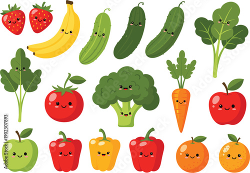 Kawaii vector set of cute smiling fruits and vegetables including broccoli carrot tomato strawberry banana apple orange and peppers for kids design.