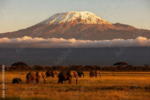 Elephants grazing in a savanna with Mount Kilimanjaro in the background at sunrise