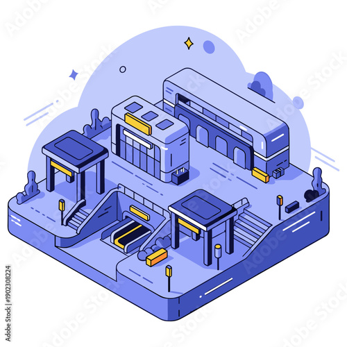 Isometric urban subway station illustration with purple and blue tones. No editable stroke