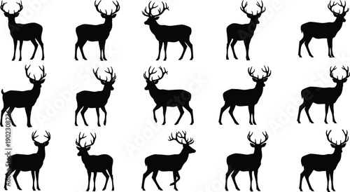 WebBlack deer silhouettes set with buck antlers and stag positions isolated on white background for wildlife nature logo forest animal hunting and outdoors design