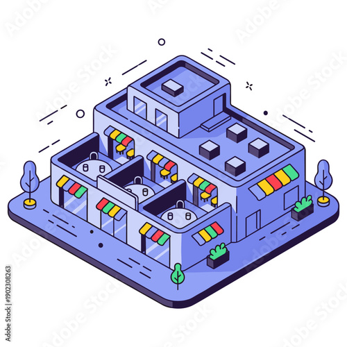 Isometric urban building with colorful awnings and geometric design. No editable stroke
