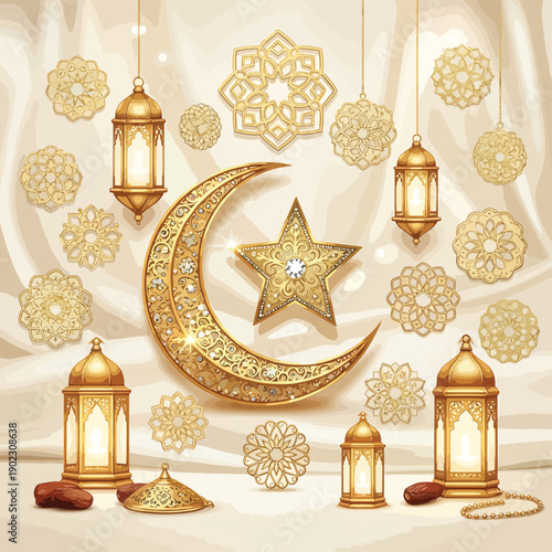 Golden Ramadan Theme with Crescent Moon and Lanterns