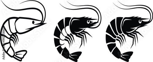 Black and White Silhouette Vector Illustration Featuring Three Different Detailed Shrimp and Prawn Designs Isolated on a White Background for Seafood and Restaurant Branding