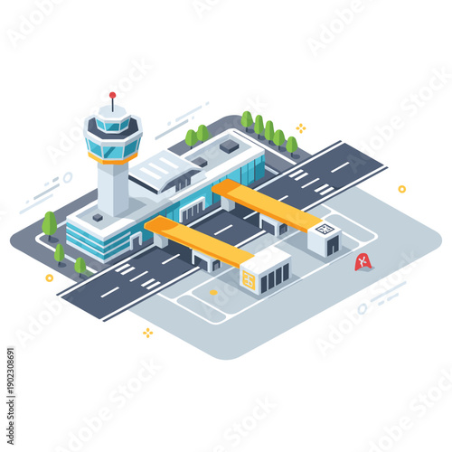 Isometric illustration of a modern airport with control tower and runways