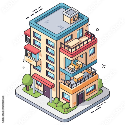 Modern isometric urban building with balconies and trees