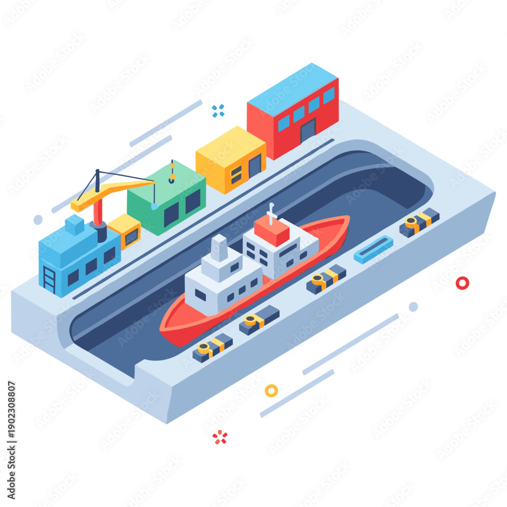 Obraz premium Isometric harbor scene with cargo ship, containers, and crane