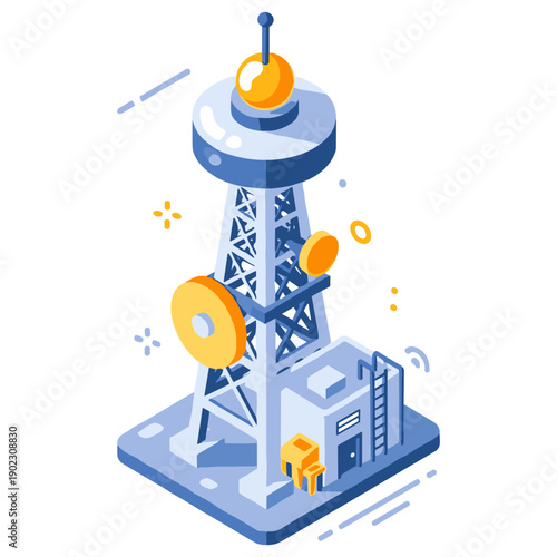 Isometric communication tower with satellite dish and antennas on white background