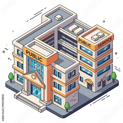 Isometric illustration of modern public service building architecture design