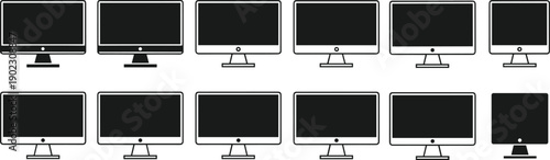 Black and White Silhouette Vector Illustration Featuring a Large Collection of Various Computer Monitors and Desktop Screens Isolated on a Clean White Background