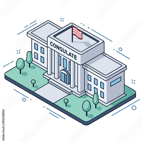 Isometric illustration of a consulate building with american flag in urban setting