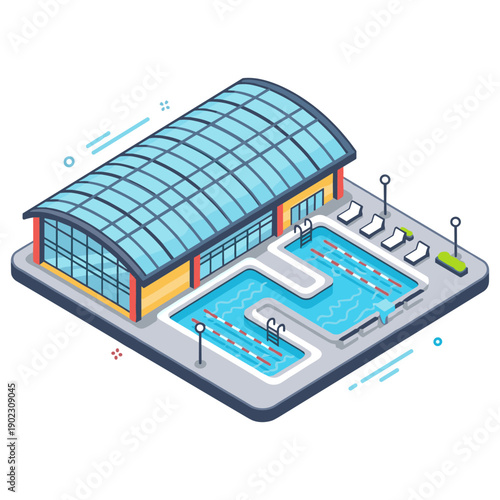 Modern indoor swimming pool complex with glass roof and lap lanes